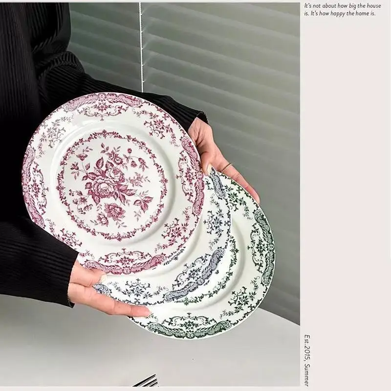 Creative Retro Nordic Flower Pattern Round Ceramic Dinner Plate Shallow Plate Elegant Light Luxury Dinner Kitchen
