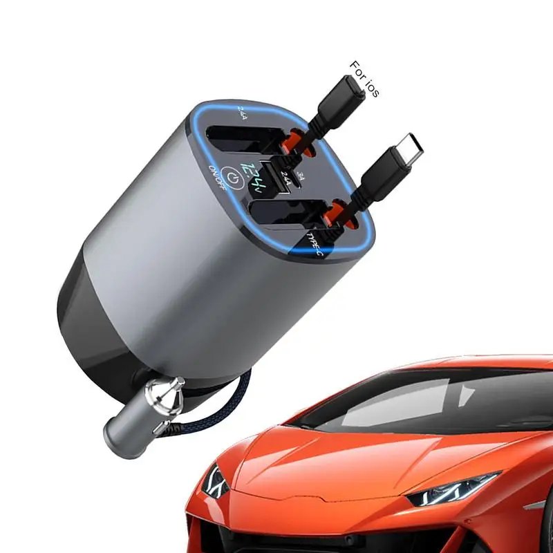 

Fast Car Charger 100w Car Charger Fast Charge 5 In 1 With Dual Retractable Cables LED Voltage Display Car Diffuser Smart Car