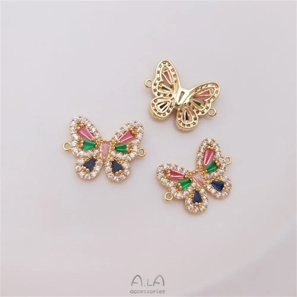 14K  골드 마이크로 상감 컬러 지르코늄 나비 펜던트 목걸이, 이중 걸이식 DIY 수제 팔찌 액세서리