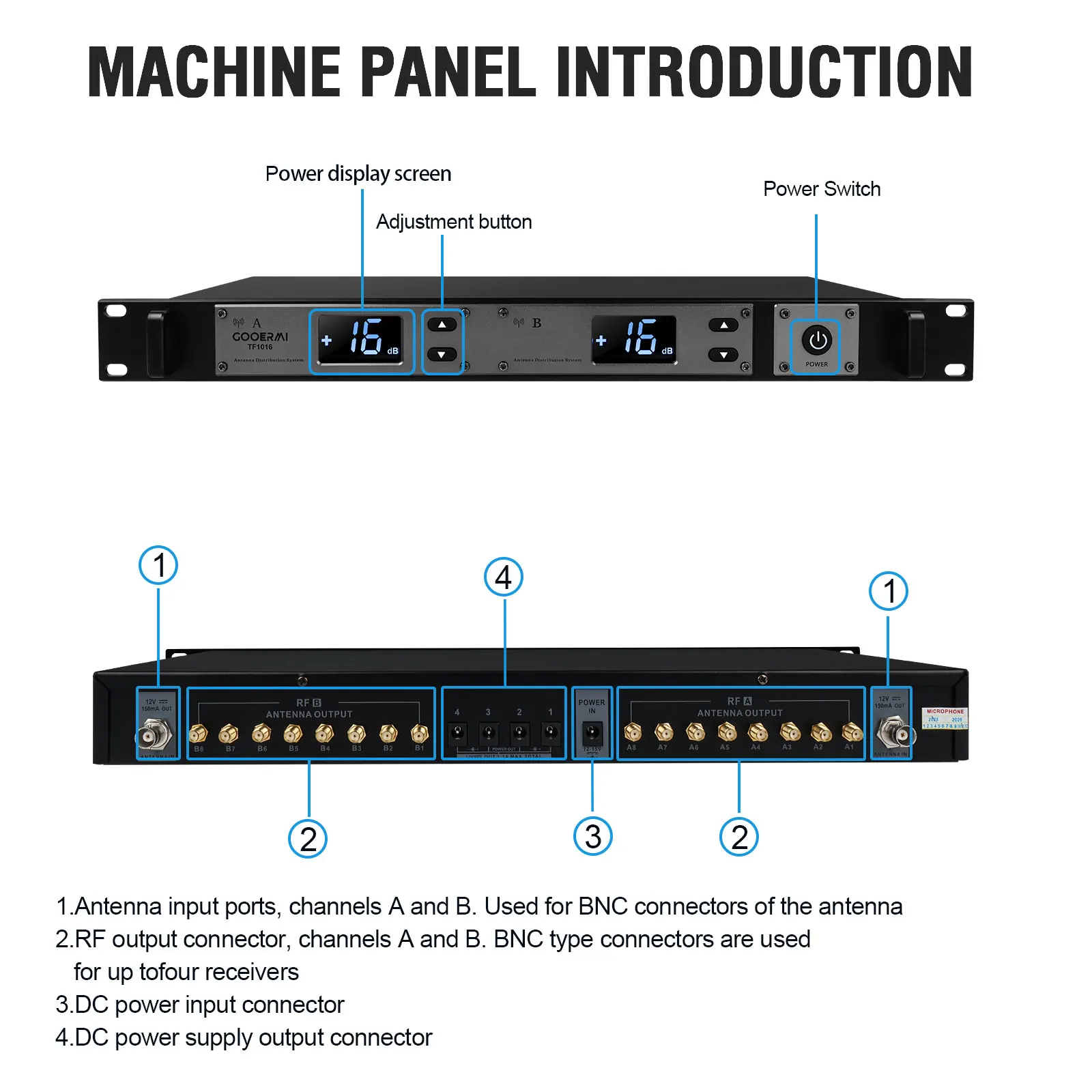 구어미 TF1016 16채널 무선 마이크 안테나 분배 시스템 RF 신호 증폭기 450-960MHz UHF