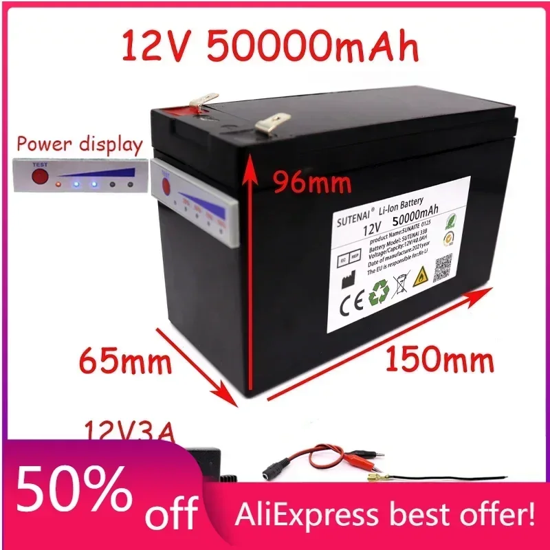 

New power display 12v50a 18650 lithium battery pack is suitable for solar energy and electric vehicle battery + 12.6v3a charger