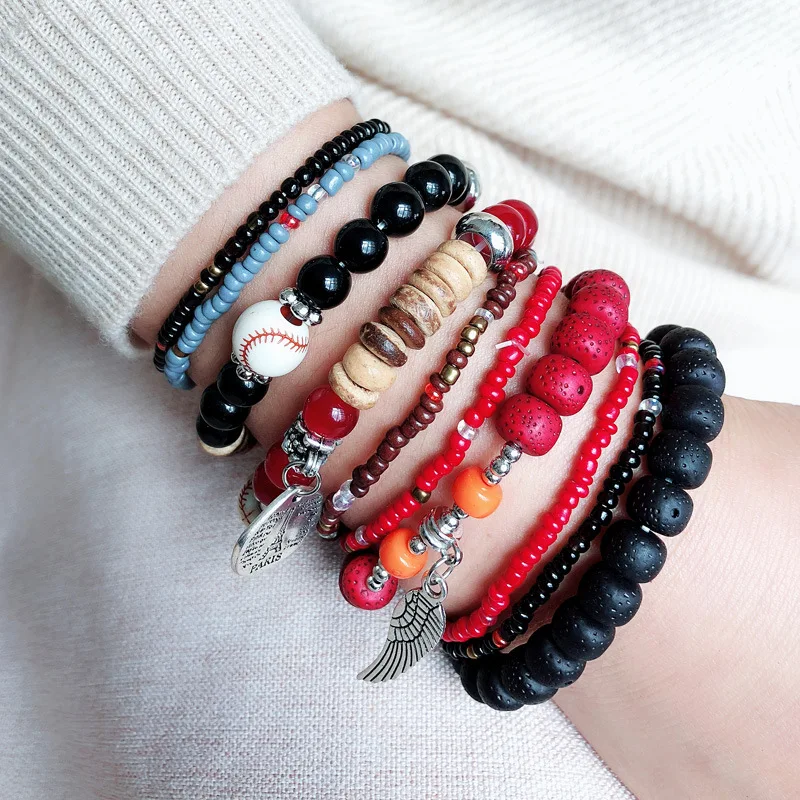 

10Set/Lot Bohemian Multicolor Crystal Beads Rope Bracelets For Women Girls Ethnic Heart Charm Wrap Bracelet Pulseira Feminina
