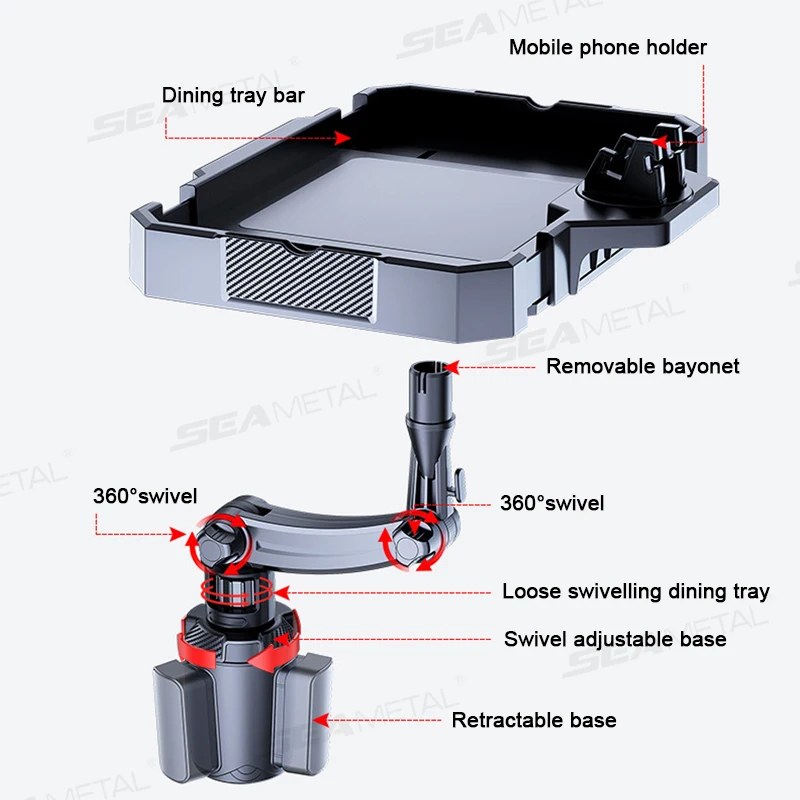 Adjustable Car Food Tray Cup Holder with 360 Rotation for Snacks and Drinks
