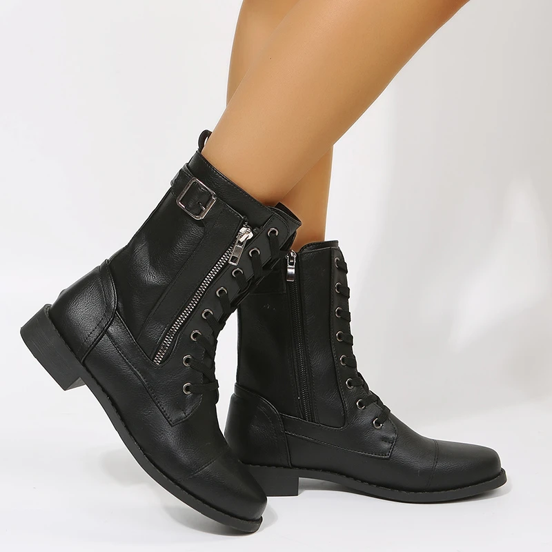 2023 High Quality Shoes Female Cross-tied Women's Boots Fashion Side Zipp Casual Boots Women Brand Belt Buckle Mid-Calf Zapatos