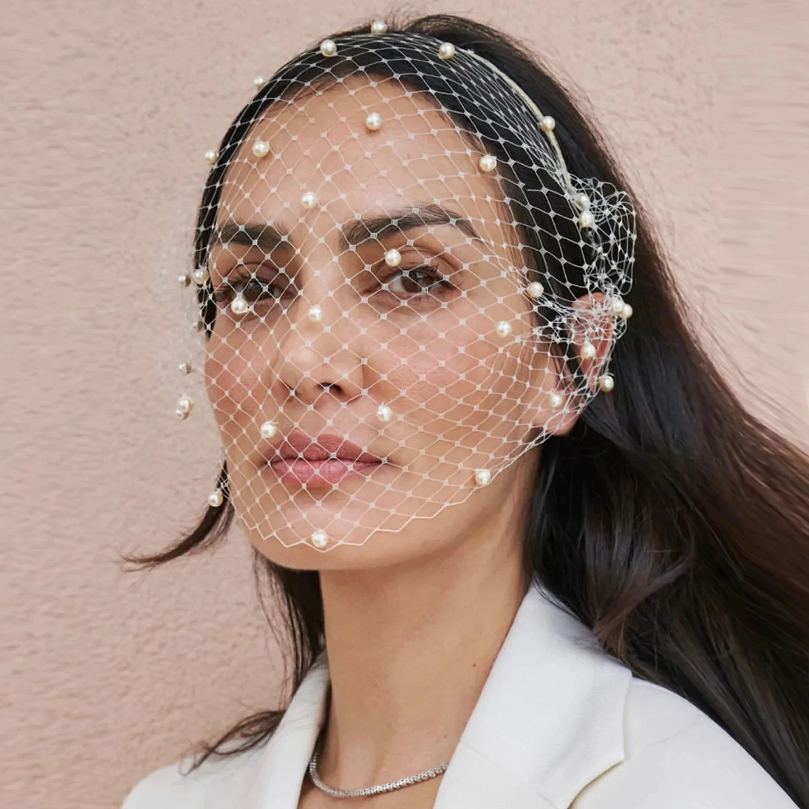 JM20 White Pearl Wedding Birdcage veil with Headband Face Net Mask Veils Charming Fascinator Blusher Veil Tulle Cage Veils bridal veil