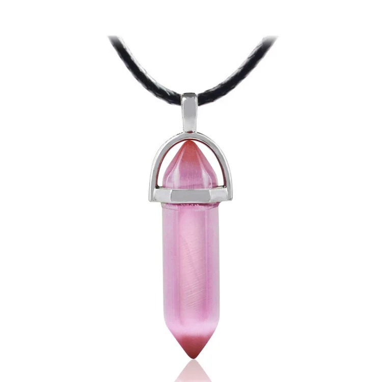 Natural Crystal Bullet Hexagonal Opal Cat's Eye Pendant PU Chain Necklace For Women Jewelry