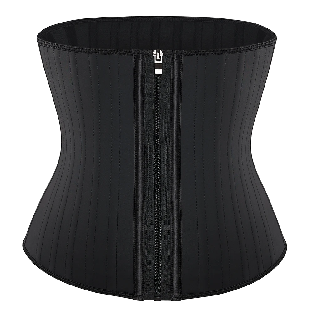 25 Steel Bones Latex Waist Trainer Front Zip And Hook Fajas Belt Cincher Underbust Corset