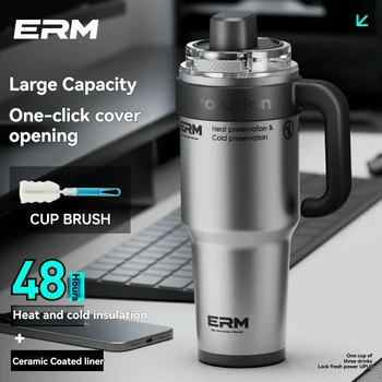 1200ML Extra Large Ceramic Tumbler Drinkware Stainless Steel Water Bottle Insulated Vacuum Flask Straw & Handle Leakproof