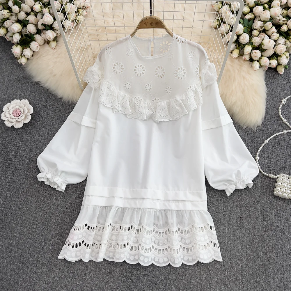 

Spring New Korean Round Neck Mid length Shirt Skirt White Hooked Flower Hollow Loose Ruffle Edge Dress