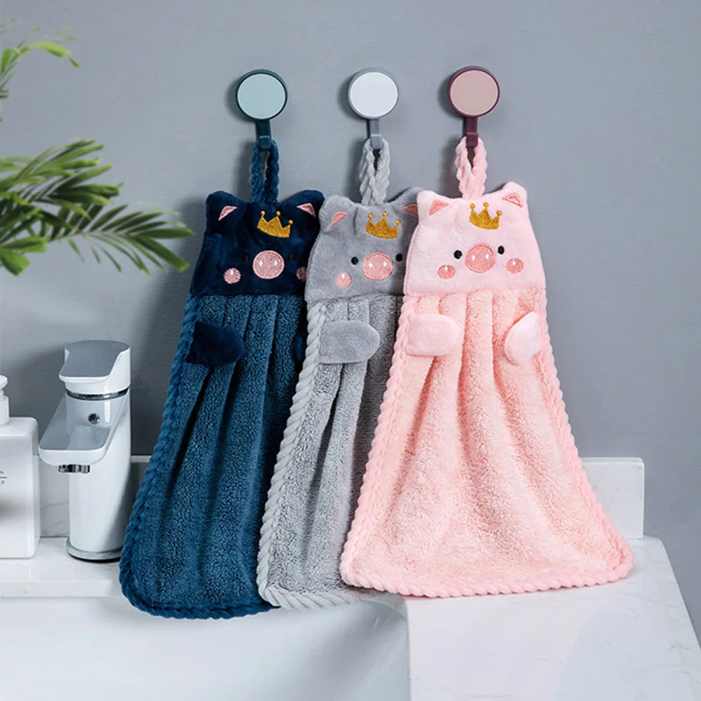 Kawaii Piggy Hand Towel Hangable Absorbent Hand Wiping Cloth Cartoon Crown Porket Soft Towel Kitchen Bathroom Supplies 1Pcs hand towels pocket towels