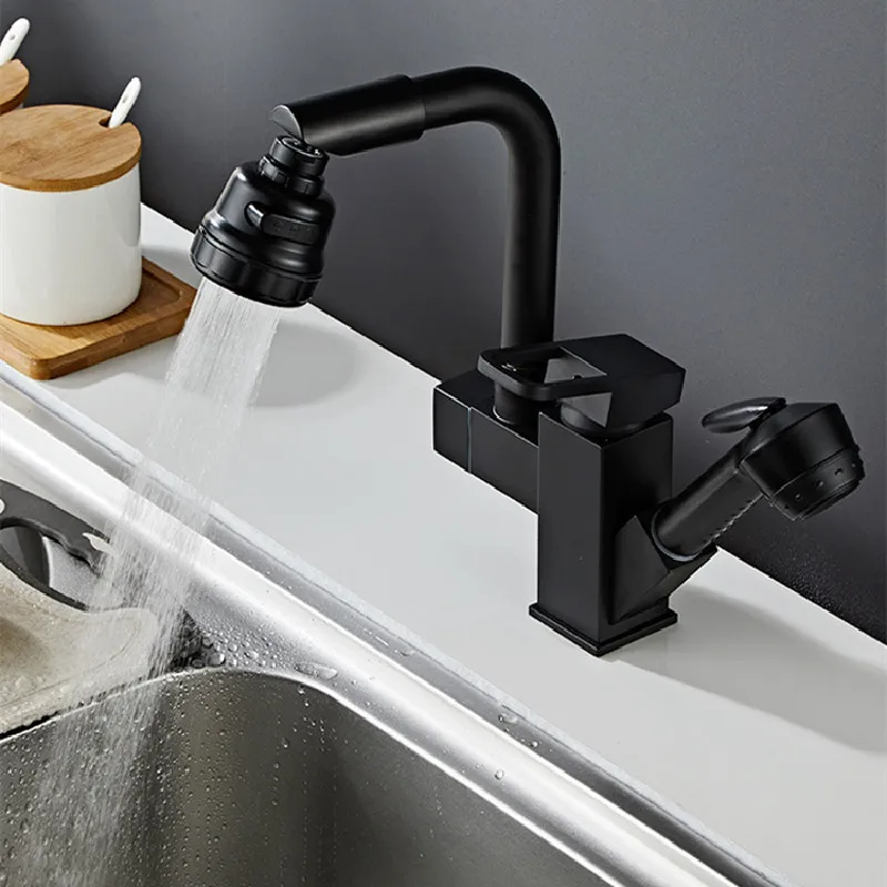 Kitchen Faucets Hot & Cold Soild Brass Sink Mixer Taps Pull Out Side Single Handle Deck Mount Splash Proof Water Rotating Black