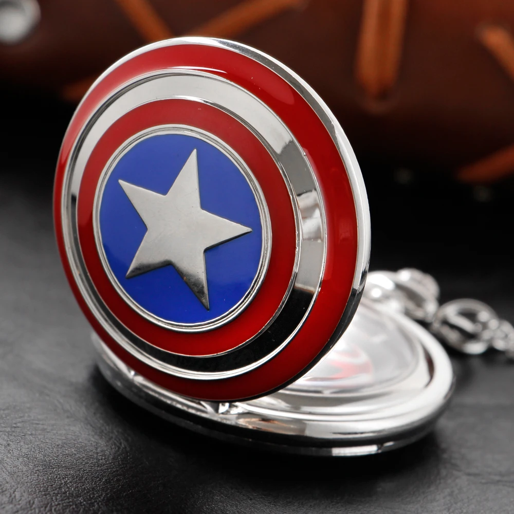 Silver Popular Captain Shield Pocket Watch Fashion Men and Women Necklace Chain Vintage Fob Steampunk Pendant Cf1032 anime peripherals pocket watches collection vintage charm fashion chain necklace pendant steampunk pocket