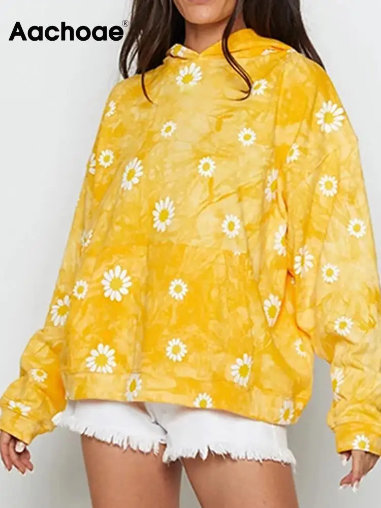 

Aachoae Batwing Sleeve Loose Casual Print Hoodies Women Pocket Home Style Sweatshirts Female Fashion Oversized Hooded Hoodies