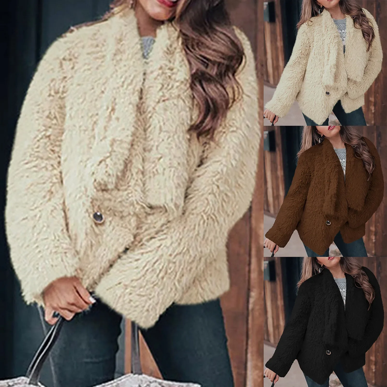Solid Color Teddy Jacket Thick Faux Fur lapel Collar Plush Overcoat Jackets Women Button Casual Warm Outerwear Tweed Coat mujer