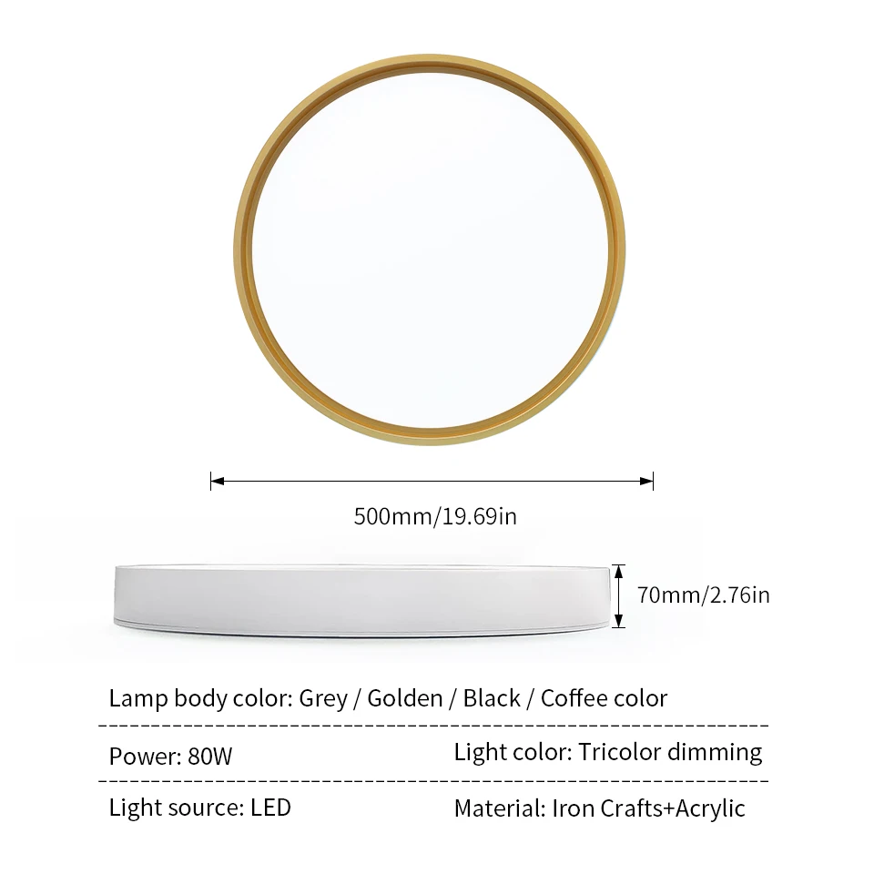 LED Ceiling Light Smart Remote Control Lamp 80W AC220V Tricolor Black Grey Golden Coffee Suitable For Indoor Bedroom Livingroom