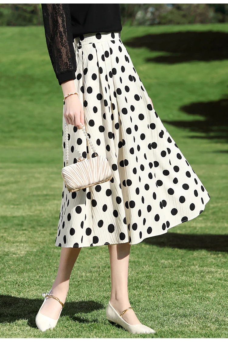 スカート High Waist Polka Dot Silk Twill Skirt I BELIEVE YOU Retro High Waist A-line Polka Dot Skirt 2025