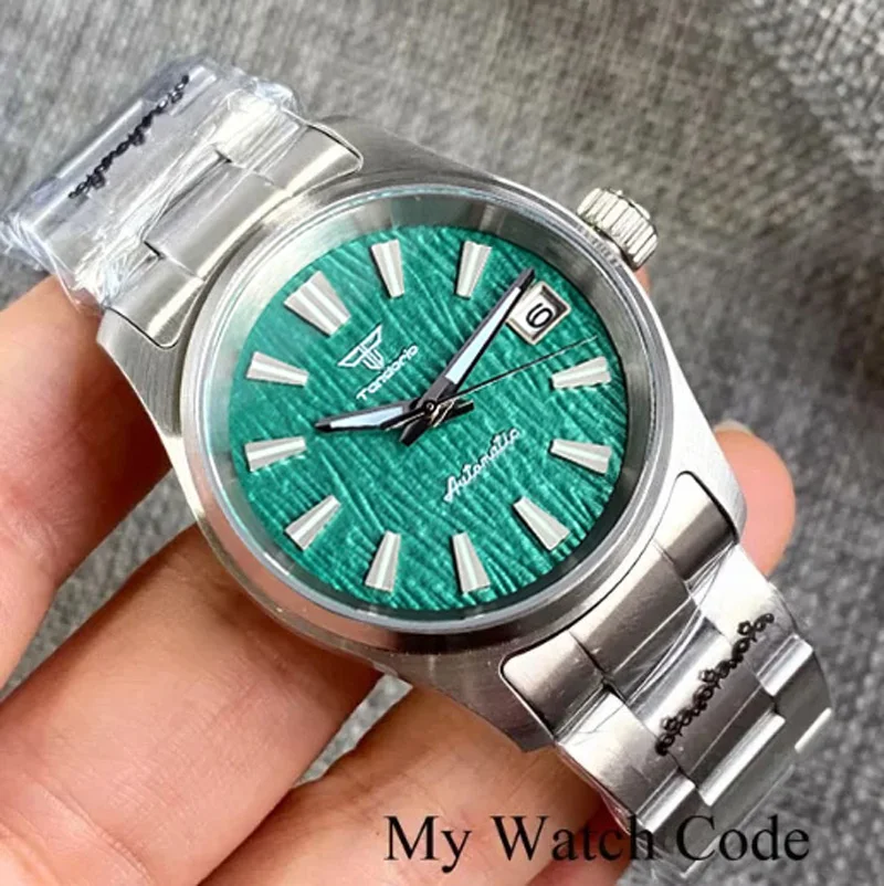 Tandorio Vintage Green 36Mm Field Military Watch Diver Nh35 Orologio Da Polso Meccanico Autoavvolgente Vetro Zaffiro Silver Edge Hand