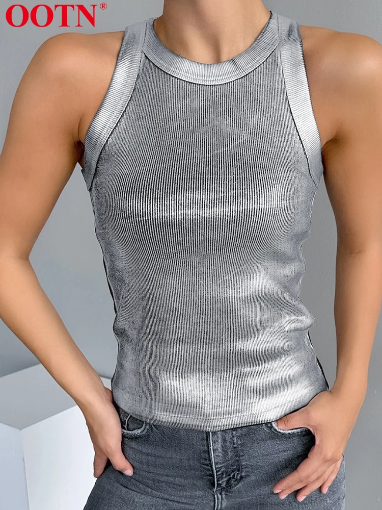 OOTN 패션 여성용 니트 O넥 민소매 탑, 실버 캐주얼 스트리트웨어, 솔리드 파티, 바디콘 탱크 탑, 2024 여름 