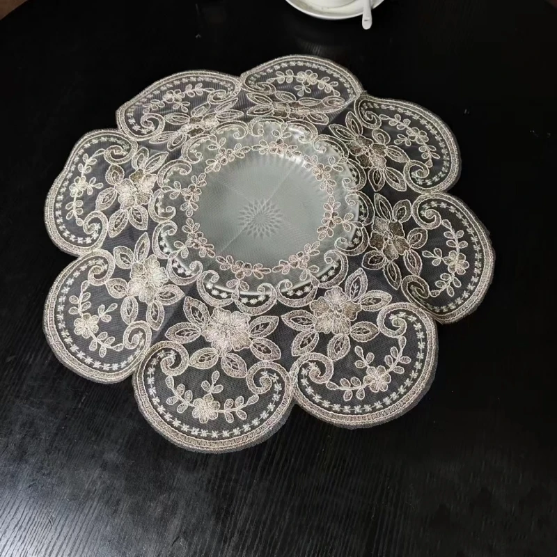 European Round Embroidery Lace Table Mat Living Room Bedroom Study Nightstand Cover Cloth Coaster Fruit Tray Kitchen Decoration images - 6