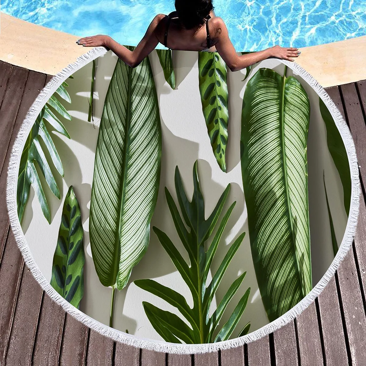 Palm Leaf Round Beach Towel,Superfine Polyester Sand Resistant Beach Blanket,Absorbent Quick Dry Pool Towel Portable Picnic Mat 5