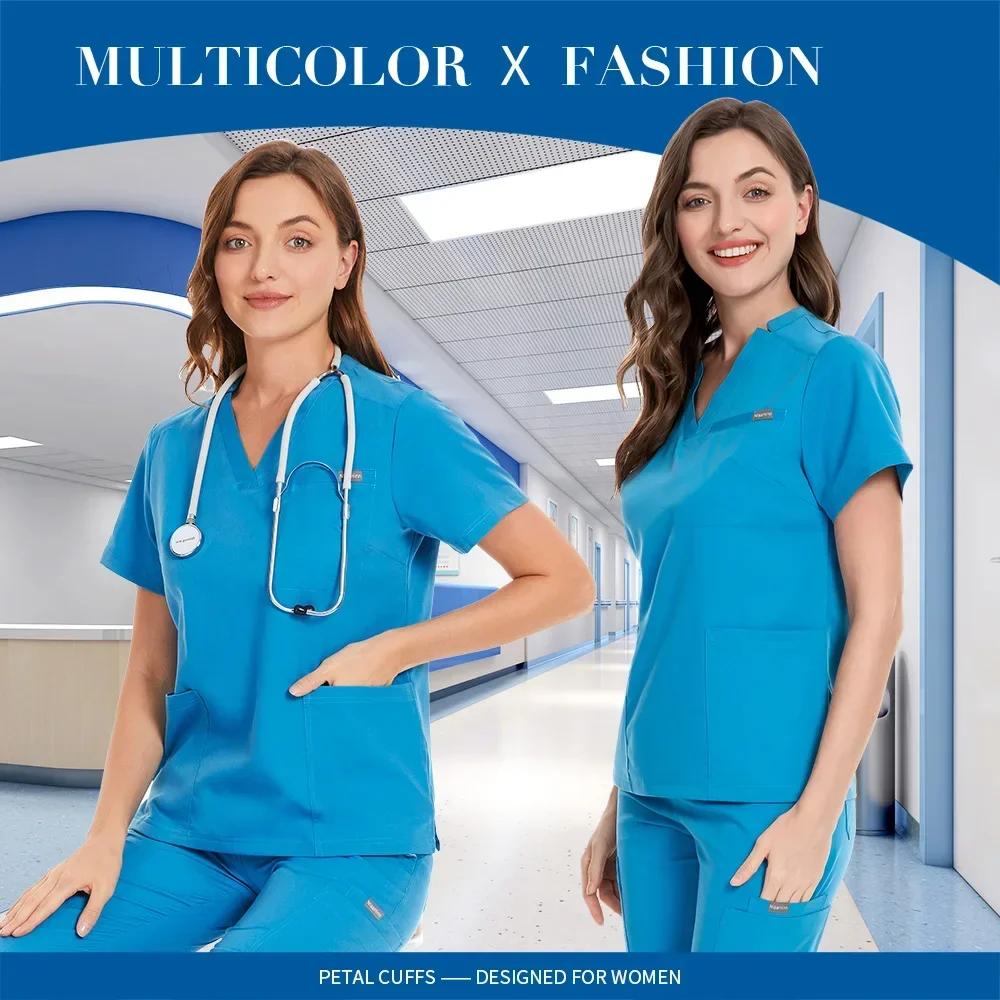 زي نسائي طبي بأكمام قصيرة ورقبة على شكل حرف V ، فس...