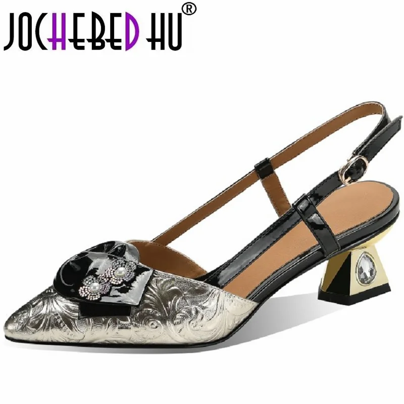 

【JOCHEBED HU】Women Brand Genuine Leather Fashion Office Ladies Crystal Slingbacks Sandals Elegant Small Party Dress Shoes 34-40