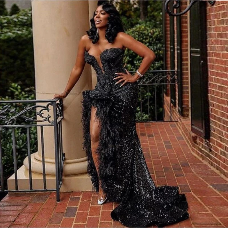 Black Sexy Sweetheart Prom Dresses Sequined Strapless  Feather High Split Mermaid Evening Gowns South African Formal Party Robes aso ebi arabic gold mermaid evening dresses beaded crystals prom dresses high split formal party reception gowns