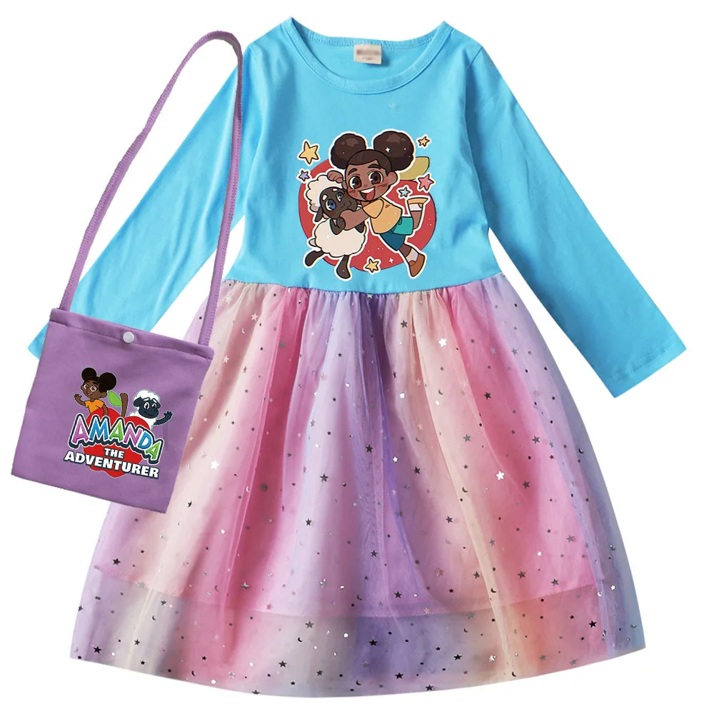 

Cute Amanda The Adventurer Clothes Kids Dresses for Girls Long Sleeve Dress Children Princess Birthday Party Mesh Tutu Vestidos