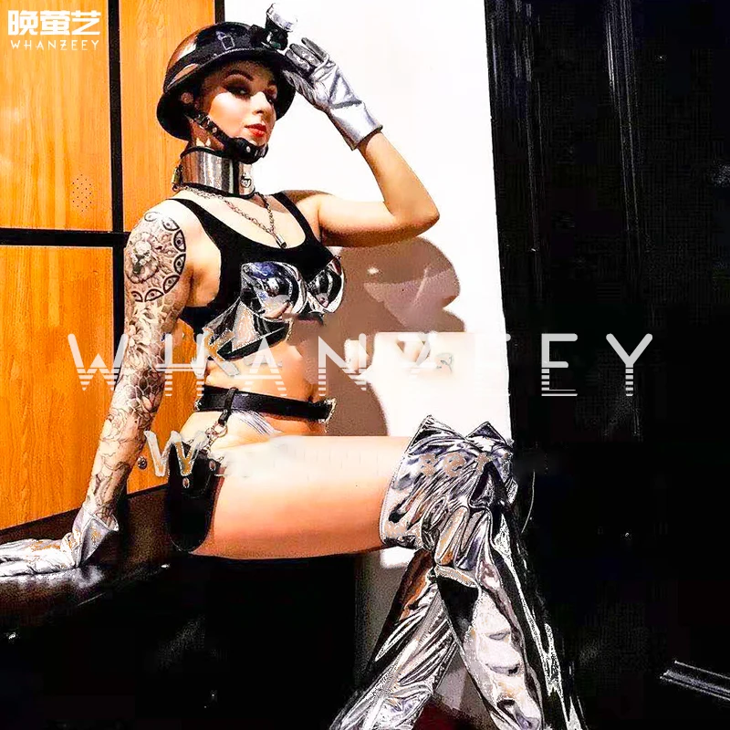 

Female DS Sexy Show Set Gogo Silver Technology Performance Dress Glow Helmet High end Nightclub