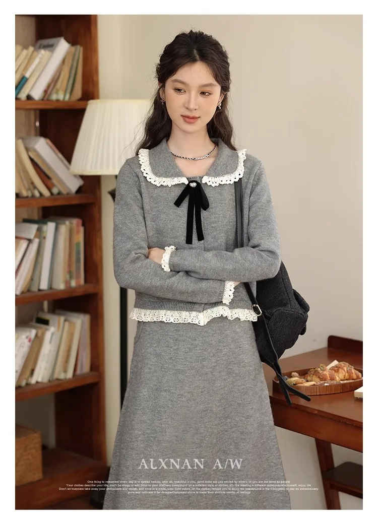

New Fashion Knitting Tops Ladies Temperament A-line Skirt Elegant Two-piece Suit Long Sleeve Autumn Winter Women Clothing