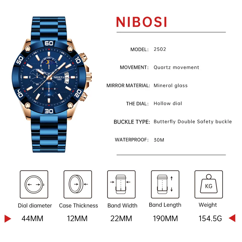 NIBOSI Fashion Watches For Men Luxury Original Classic Quartz Clock Analog Chronograph Sport Waterproof Steel Gold WristWatch
