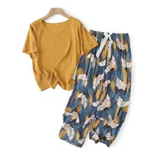

Breathable 2PCS Pajama Short Sleeve Printed Loose Nightwear Suit Female Casual Homewear Pajama Set For Women 2021