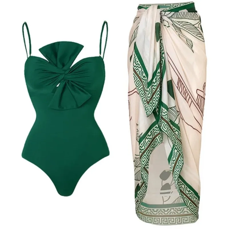 

Luxury Elegant Flora Print Bikini Sets Swimsuit & Skirt Asymmetrical One Piece Swimwear Female Cover Up Brazilian Bathing Suit