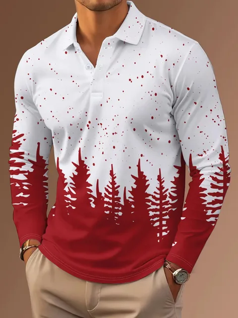 Polo à manches longues de style Noël pour hommes, design élégant imprimé festif, parfait pour les fêtes de vacances et les événements saisonniers 1