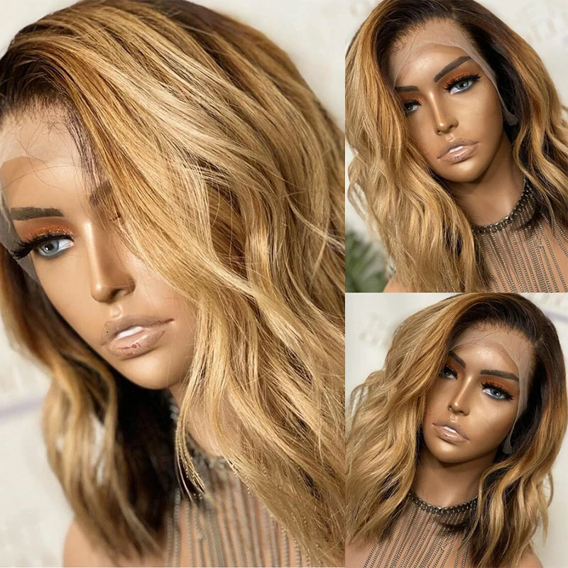 Dianteira do Laço Frente do Laço Perucas de Cabelo Fechamento do Laço Peruca para as Mulheres Ondulado Peruca Ombre Loira Humano 1b - 27 Remy Brasileiro Glueless Bob Mel 18 High Quality Apliques e perucas