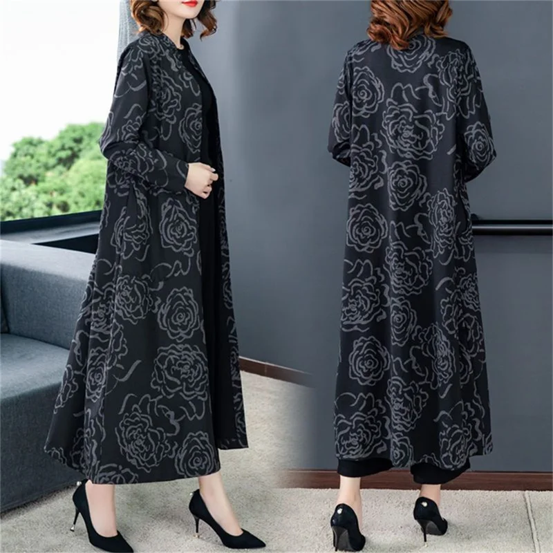 Women Long Windbreaker 2025 Spring And Autumn New Printing Fashion Outwear Wide Wife temperament Mother Trench Coat Vintage L93