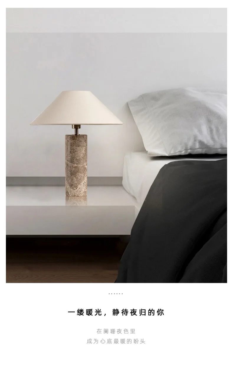Nordic Cylindrical Marble LED Table Lamp White Fabric Lampshade Living Room Study Restaurant Bedroom Desk Lights Home Decoration