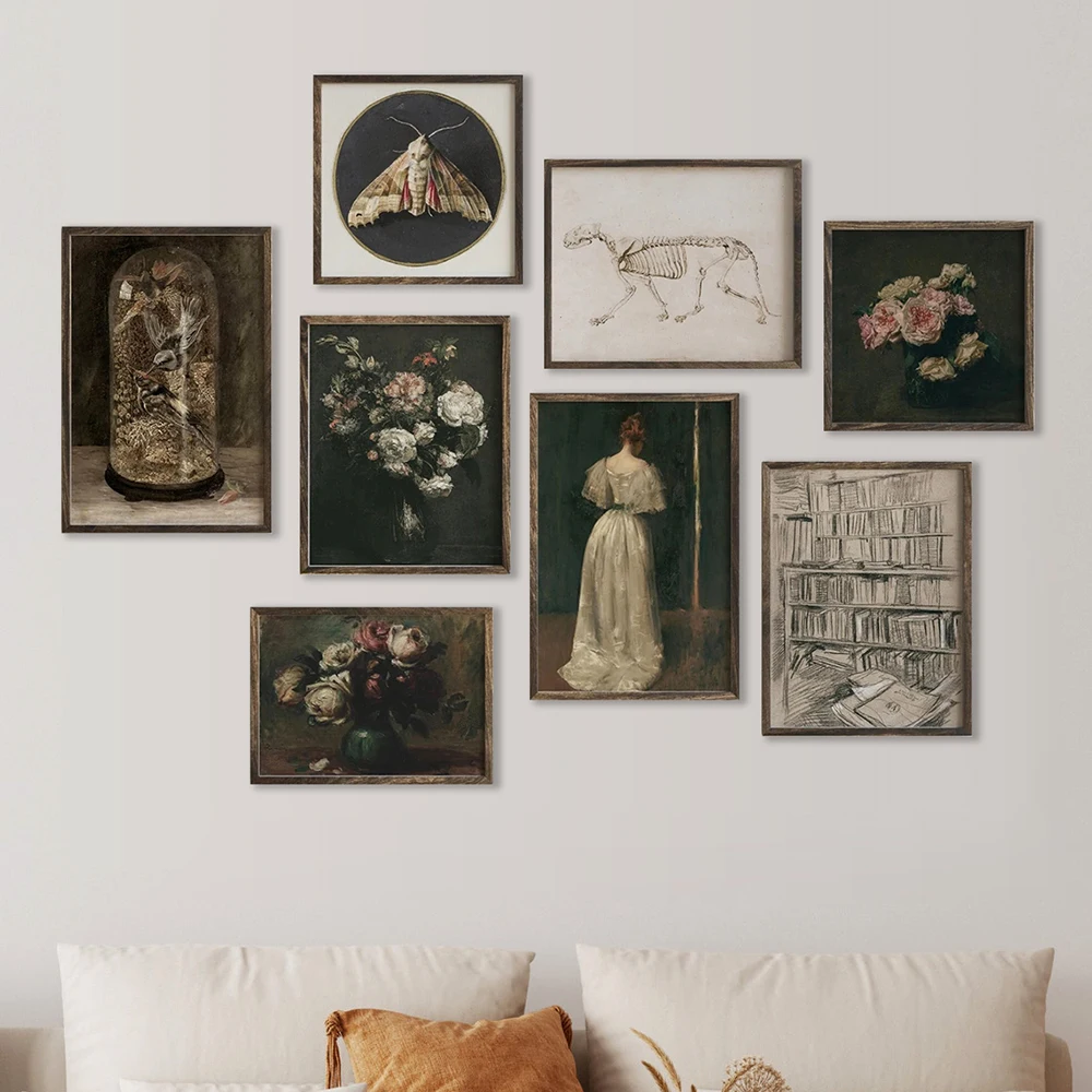 Moody Victorian Paintings Prints Vintage Dark Academia Aesthetic Decor Floral Poster Skeleton Canvas Painting Gallery Wall Decor 1
