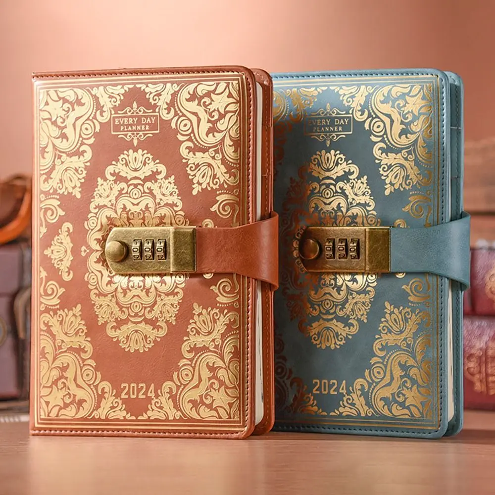 

Password Locking 2024 Combination Lock Journal Vintage A5 Password Schedule Planner Floral Embossed Retro Agenda Notebook