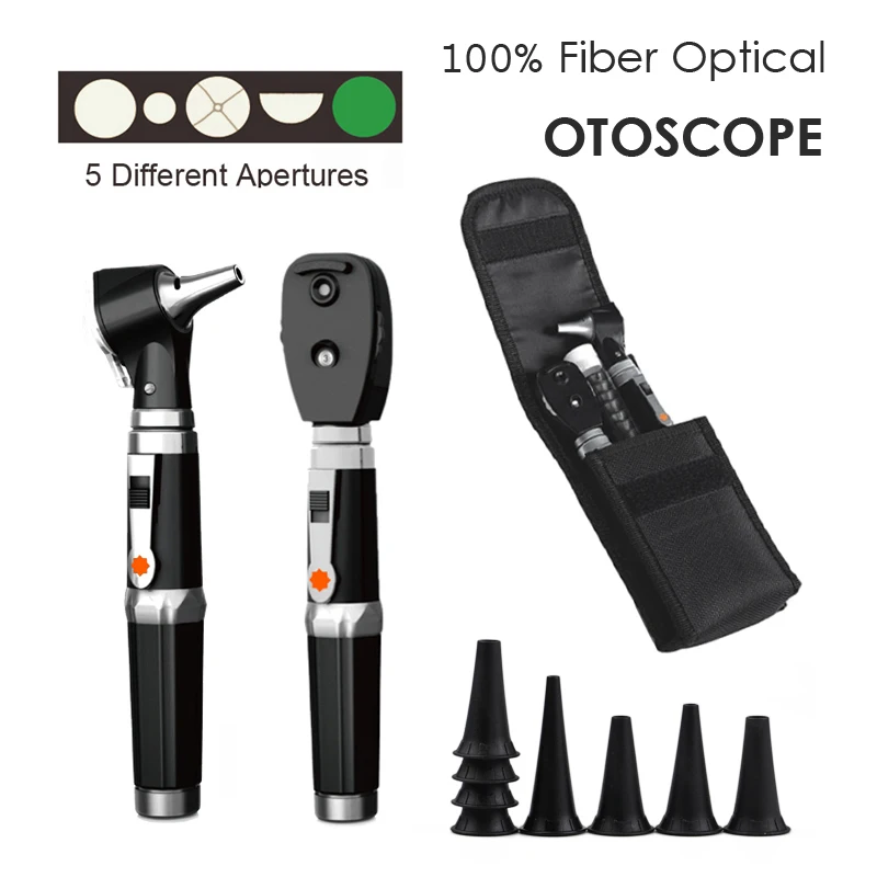 

Professional Diagnostic Medical Otoscopio Ear Eye Endoscope Care Fiber Optical LED Direct Otoscope Ophthalmoscope Set with Pouch