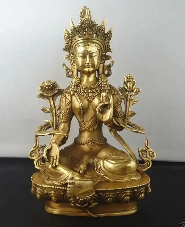 

15cm~21cm Tibetan Brass Buddhism Copper Green Tara God Godness Kwan-yin Buddha Statue