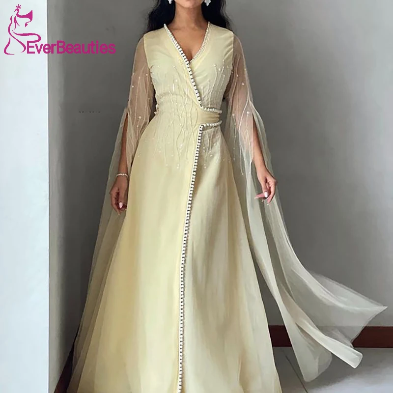 

Long Sleeves Muslim Evening Dresses V Neck Chiffon Beaded Moroccan Special Occasion Dresses Algeria Arabic Party Gowns