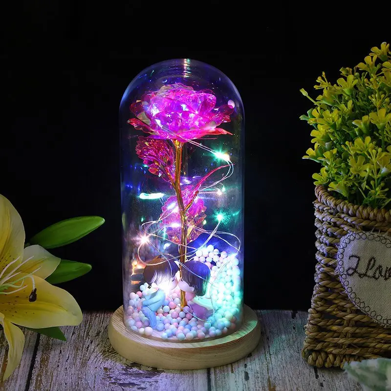 

LED Enchanted Galaxy Rose Eternal 24K Gold Foil Flower with String Lights In Dome for Home Decor Christmas Valentine's Day Gift