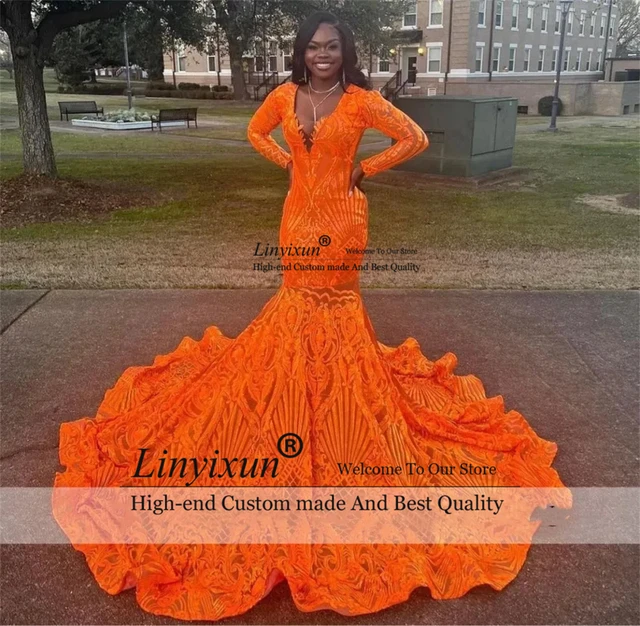 Orange Satin Gold Lace Plunging V Neck Prom Dress - Promfy