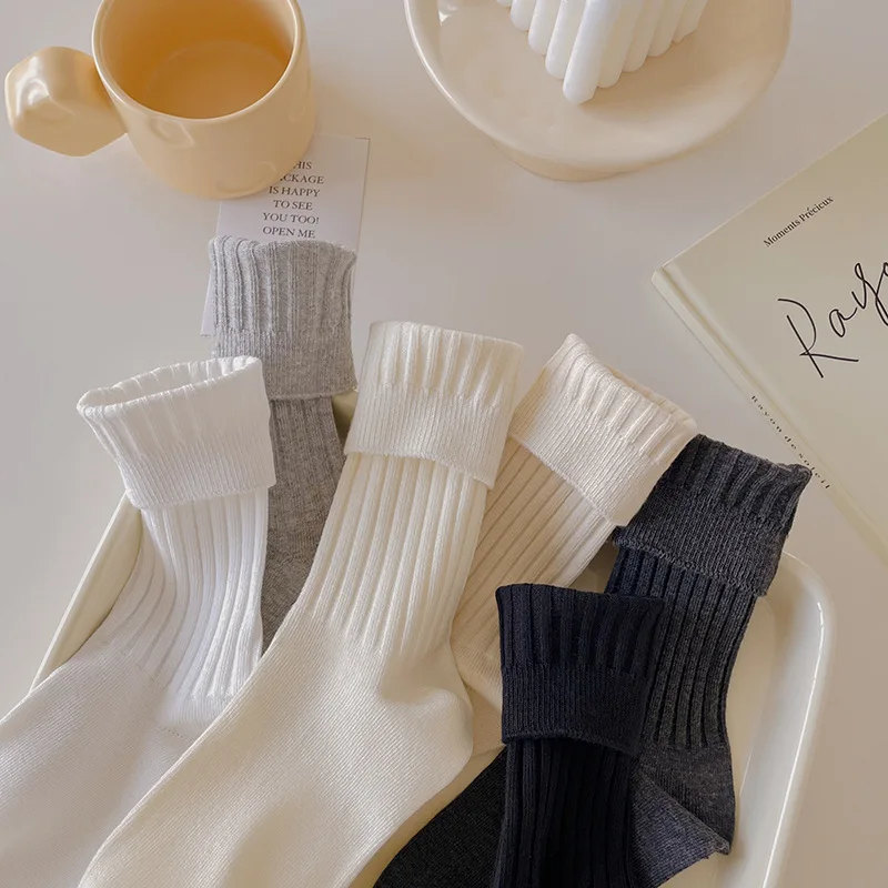 

Solid Color Socks Women Japanese Style School Students Knitting Cotton Long Socks Korean Fashion Harajuku Streetwear White Socks