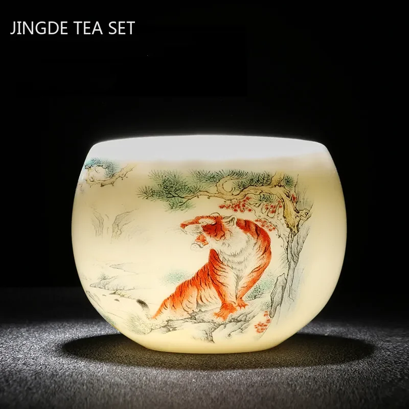 New Suet Jade Ceramic Tea Cup Zodiac Tiger Tea Cup Master Cup White Porcelain Tea Set Household Boutique Tea Bowl Drinkware