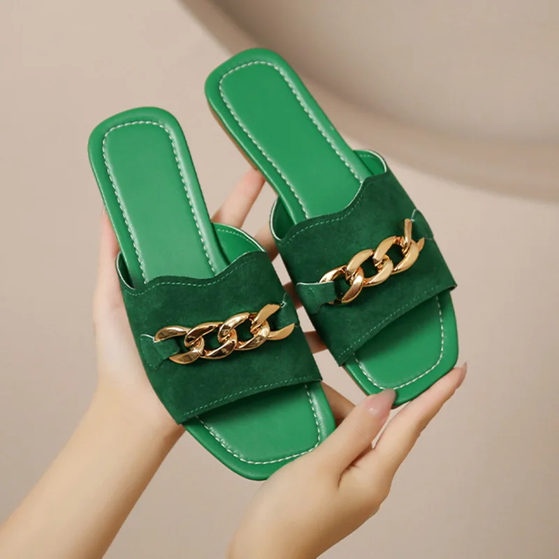 Women's Slippers 2023 Summer Matal Chain Luxury Square Toe Flat Heel