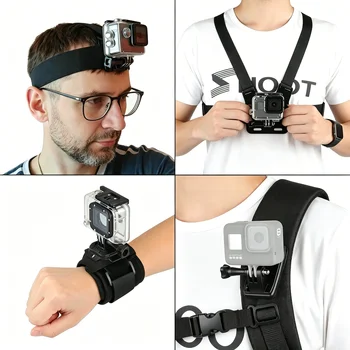 Set di Accessori per Action Camera Gopro Hero13, 12, 11, 10, Compatibile con Xiaomi Yi, Insta360 X4, X3, Set di Custodie Protettive Disponibile con clip per zaino, supporto per cinturino da polso, supporto per la testa e opzioni di supporto per il petto. Stili Disponibili