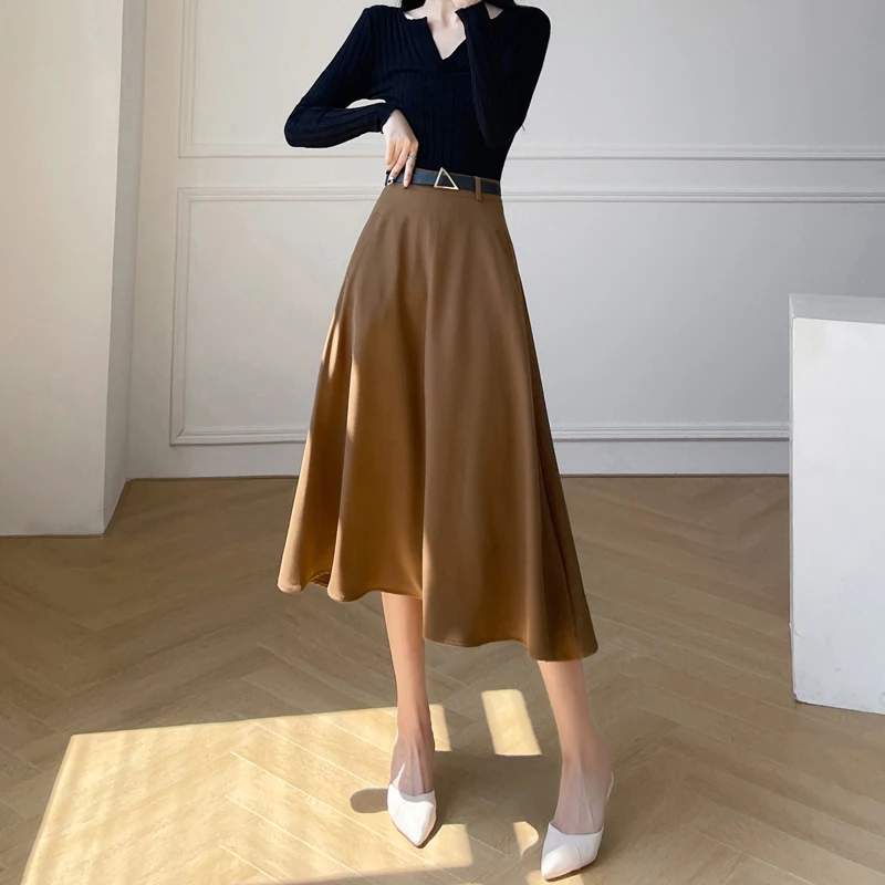 

2022 New Arrival Autumn Winter Korean Style Women Casual A-line Mid-calf Skirt All-matched Loose High Waist Skirts V841