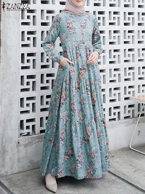  - 2023 ZANZEA Women Bohemian Floral Printed Sundress Autumn Long Sleeve Muslim Dubai Turkey Abaya Hijab Dress Islamic Clothing